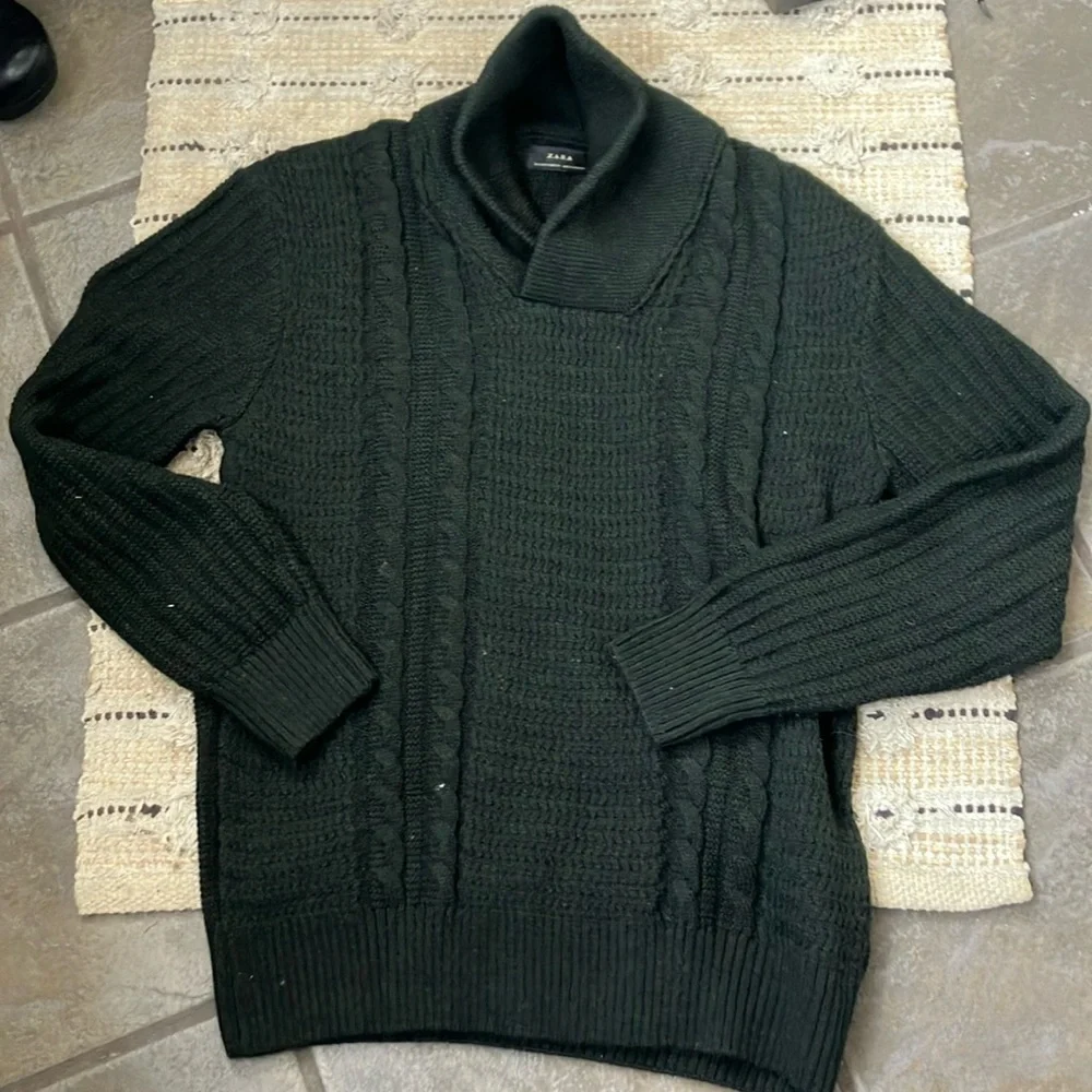 Zara Hunter green Shawl collar cable knit sweater
